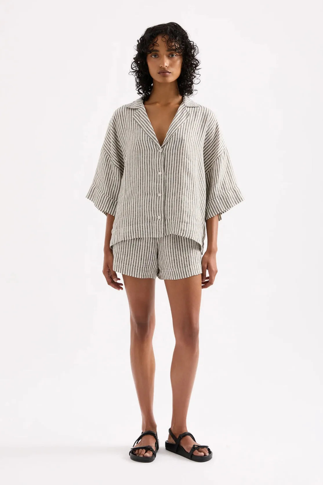 Nude Lucy Lounge Stripe Linen Shirt in Black Stripe - the tartan fox