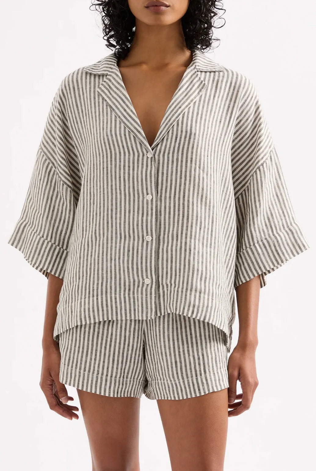 Nude Lucy Lounge Stripe Linen Shirt in Black Stripe - the tartan fox