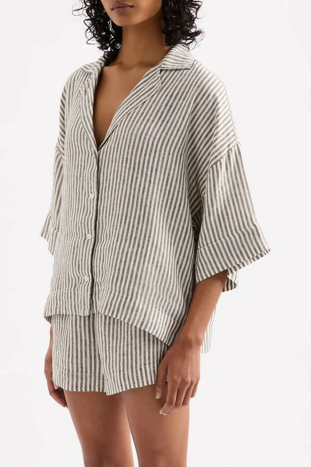 Nude Lucy Lounge Stripe Linen Shirt in Black Stripe - the tartan fox