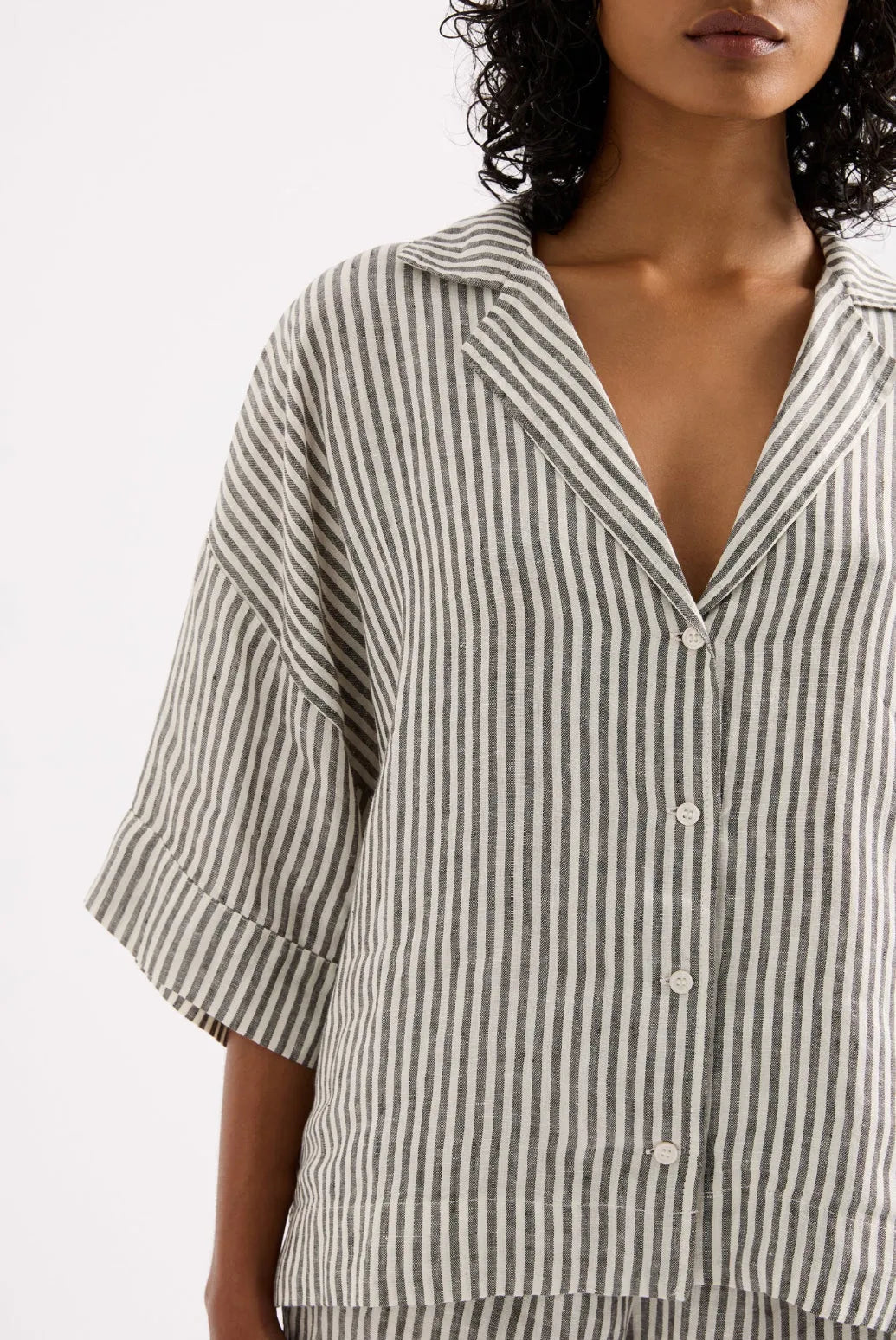 Nude Lucy Lounge Stripe Linen Shirt in Black Stripe - the tartan fox