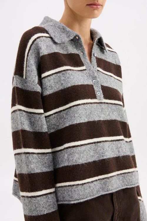 Striped knit polo shirt with brown, gray, and cream horizontal bands, featuring a collar and button placket.