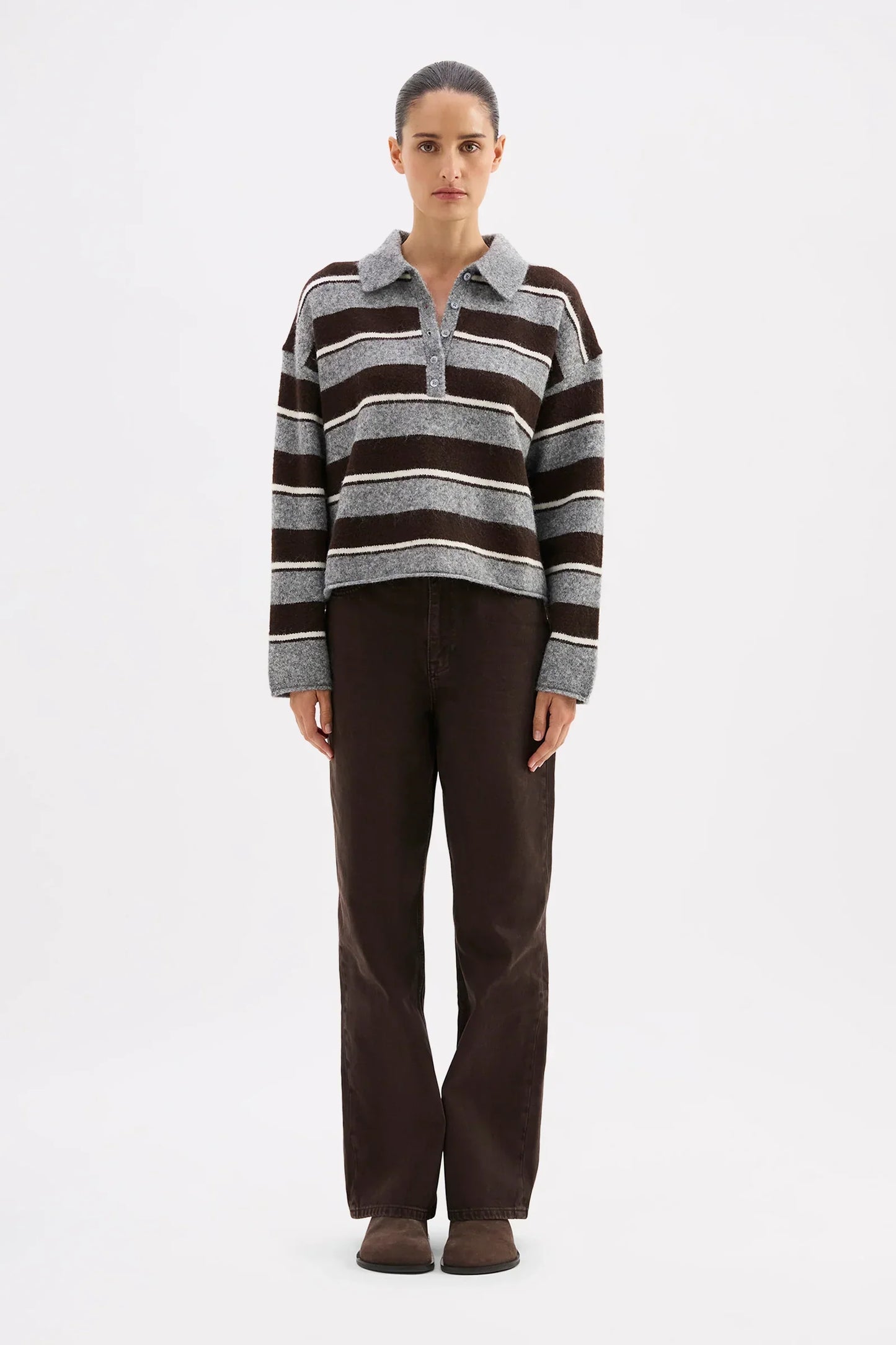 Striped polo sweater with brown pants, stylish women's fashion outfit