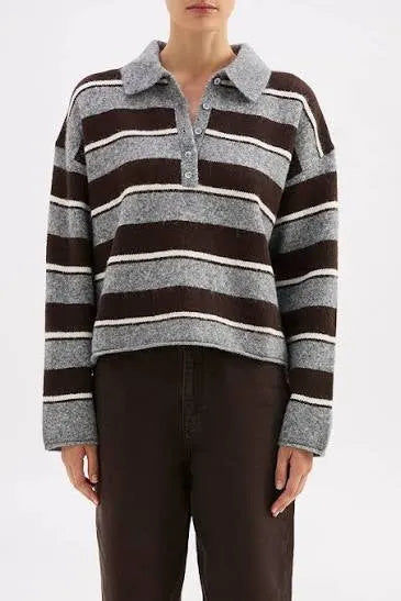 Striped polo sweater in brown and gray, stylish women's fashion with relaxed fit