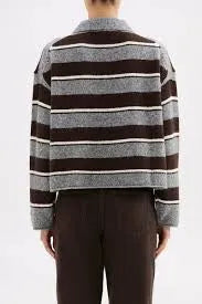 Striped cropped sweater in brown and gray, stylish women's fashion for on-the-go looks