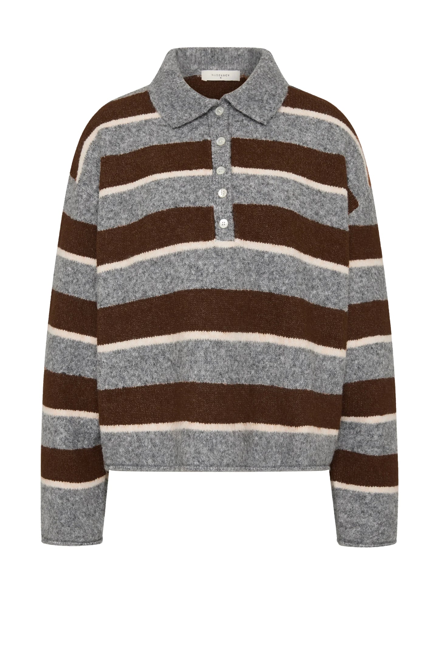 Striped knit polo shirt in brown, grey, and cream with button front and collar