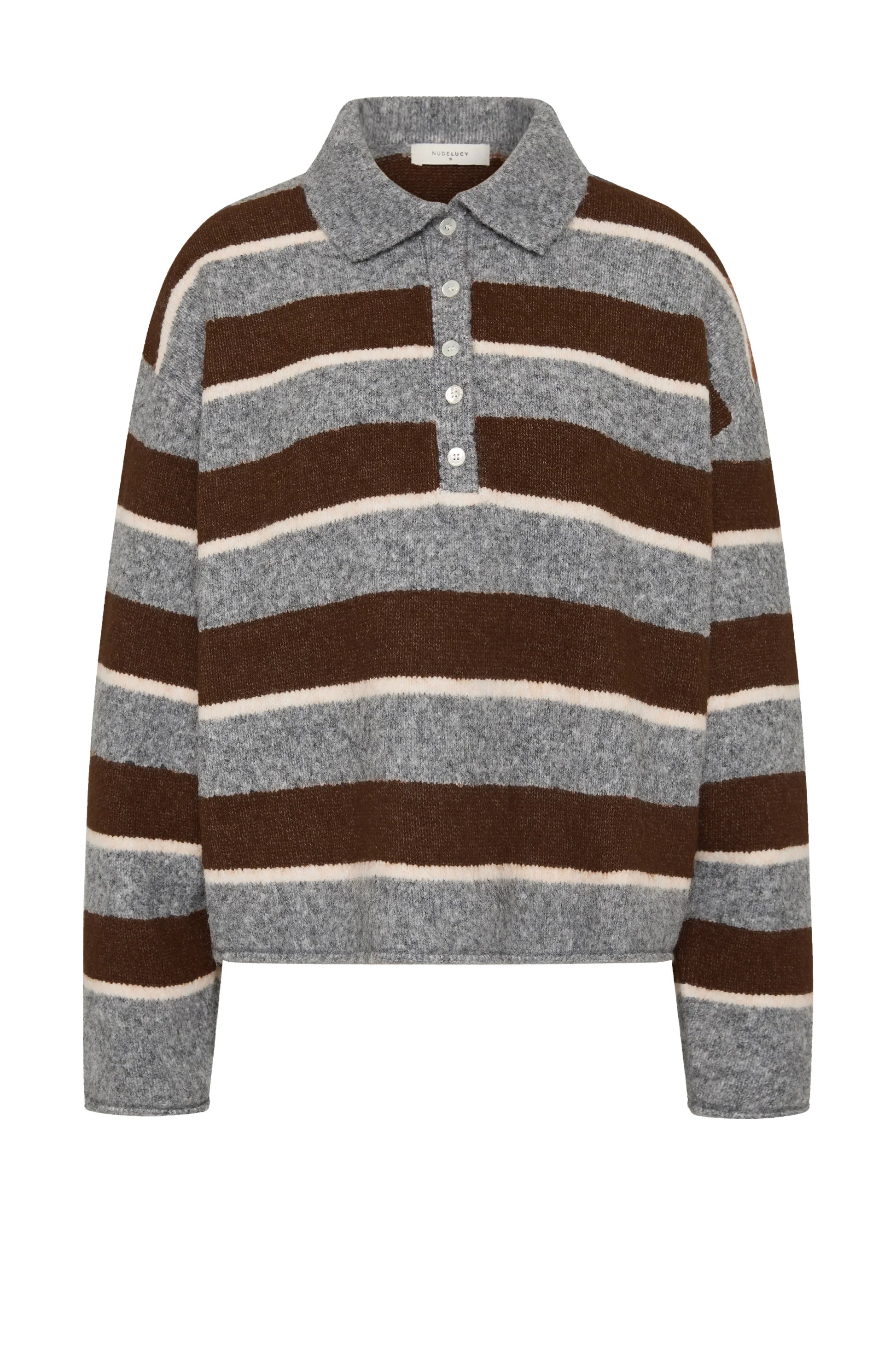 Striped knit polo shirt in brown, grey, and cream with button front and collar