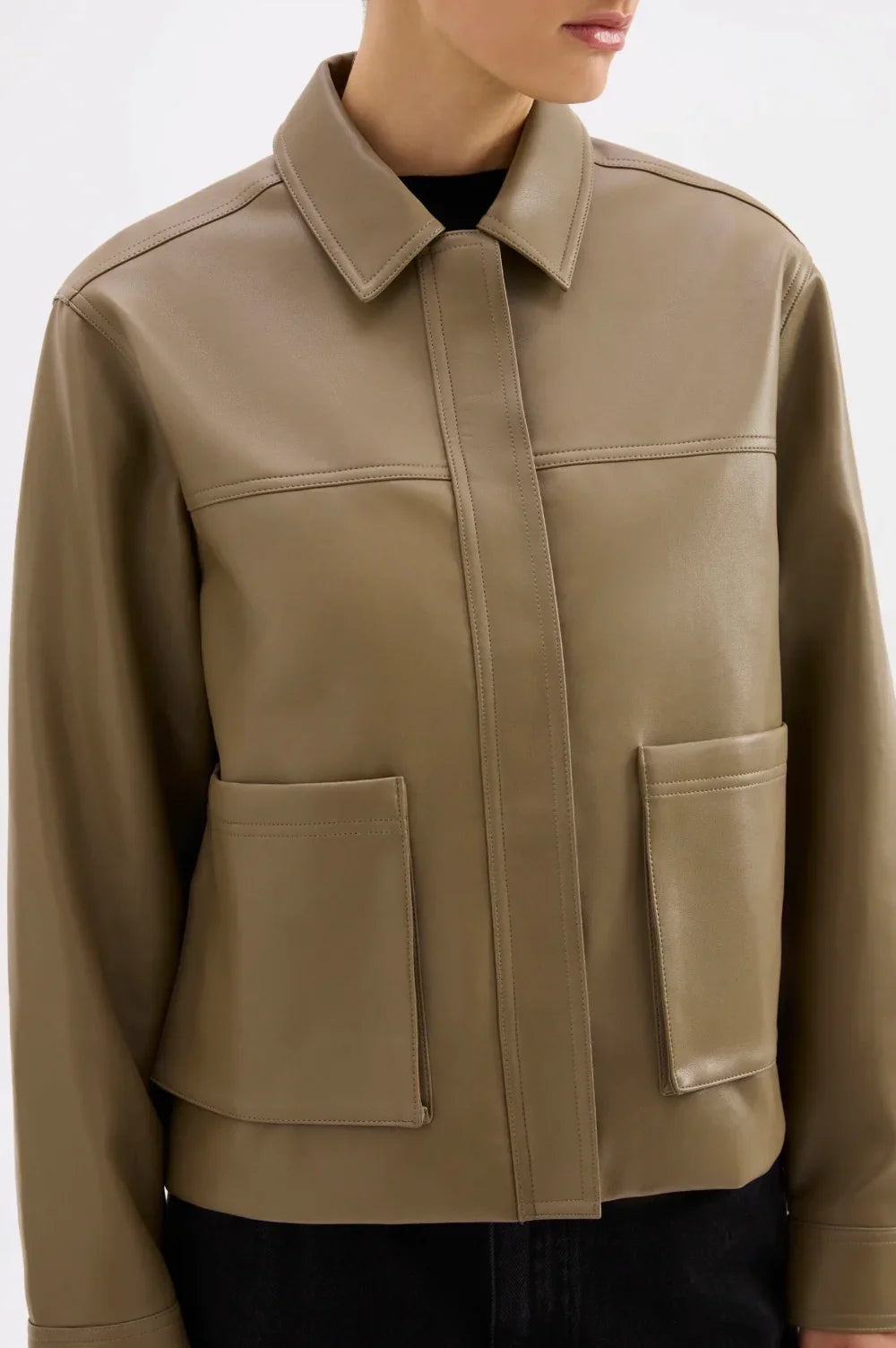 Olive green vegan leather jacket with collar and front pockets, women's fashion