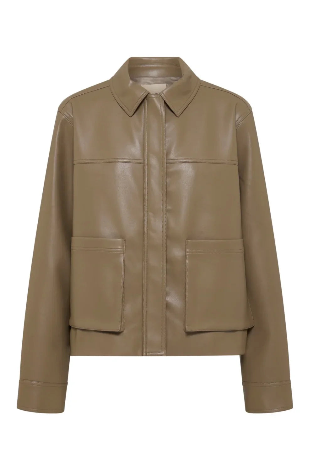 Tan vegan leather jacket with collar and front pockets, women's fashion