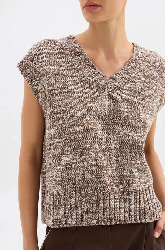 Brown and white marled knit sleeveless top with V-neck and ribbed hem