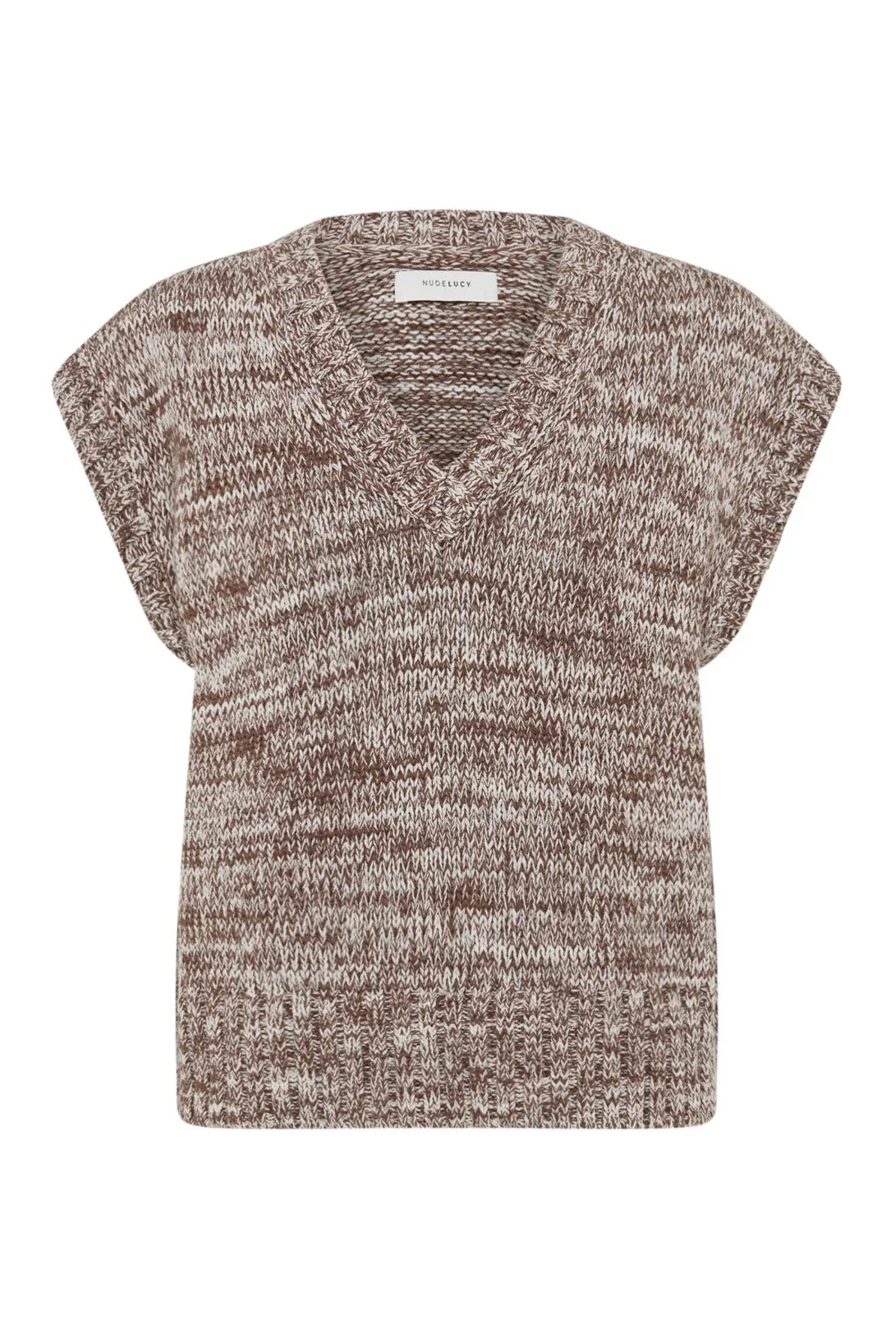Brown and cream marled knit V-neck sweater with short sleeves, women's fashion