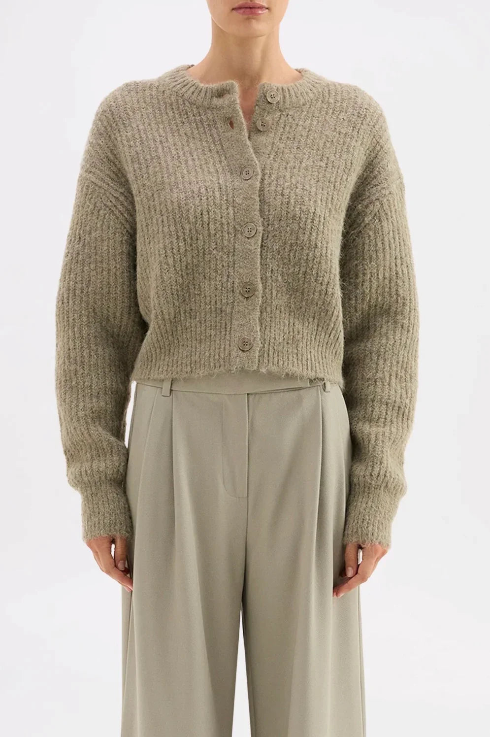 Soft ribbed knit cardigan with front buttons paired with wide-leg trousers, women's fashion