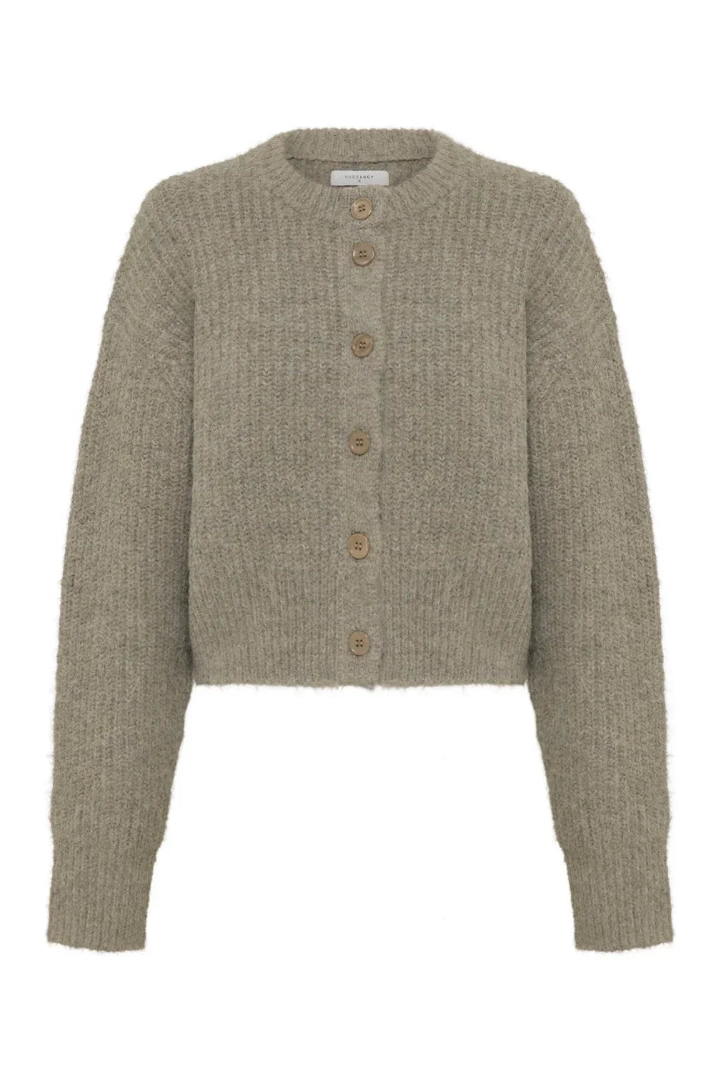 Soft olive green cardigan with wooden buttons, cozy knit texture, women's fashion