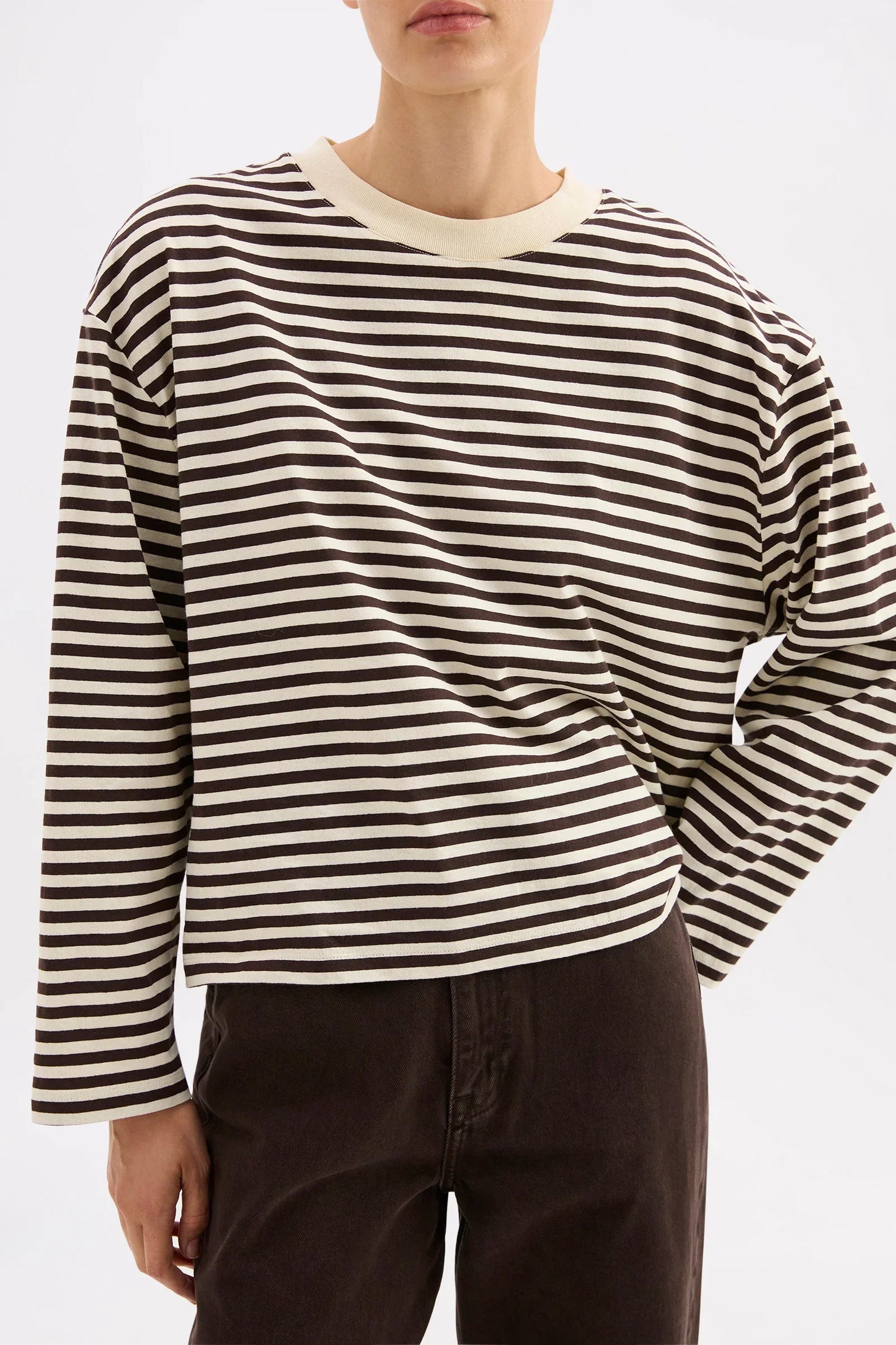Nude Lucy Brown and cream striped long-sleeve top for women's casual fashion