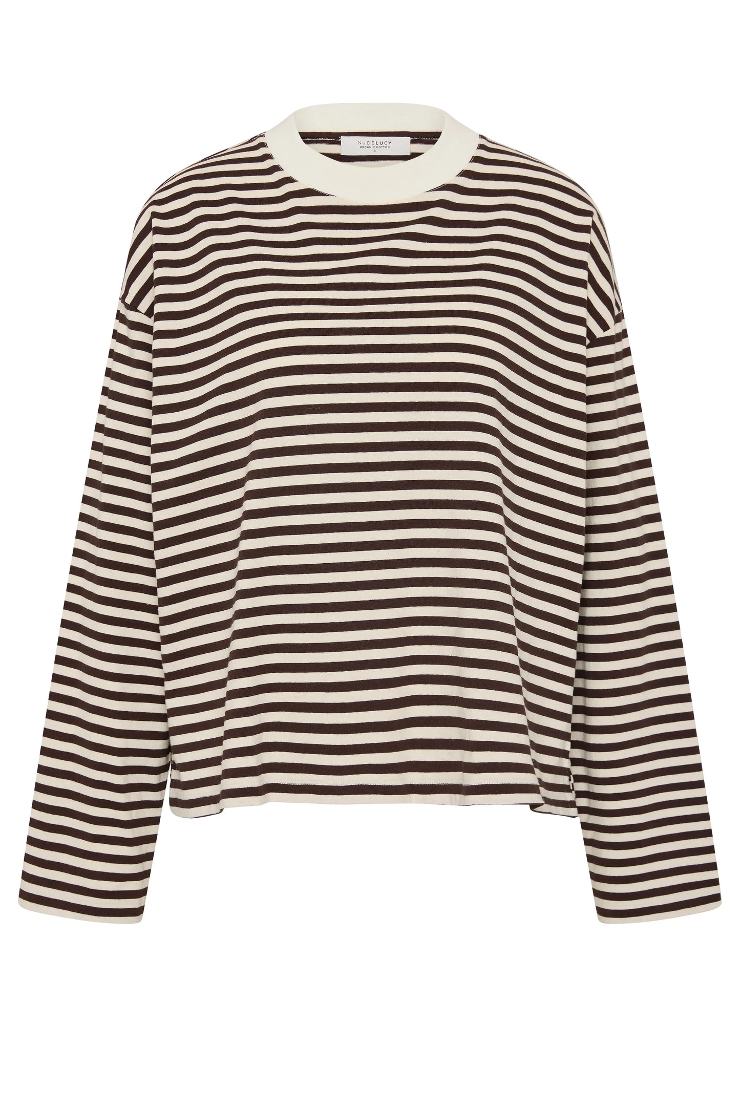 Brown and cream striped long sleeve crop top with crew neck, organic cotton