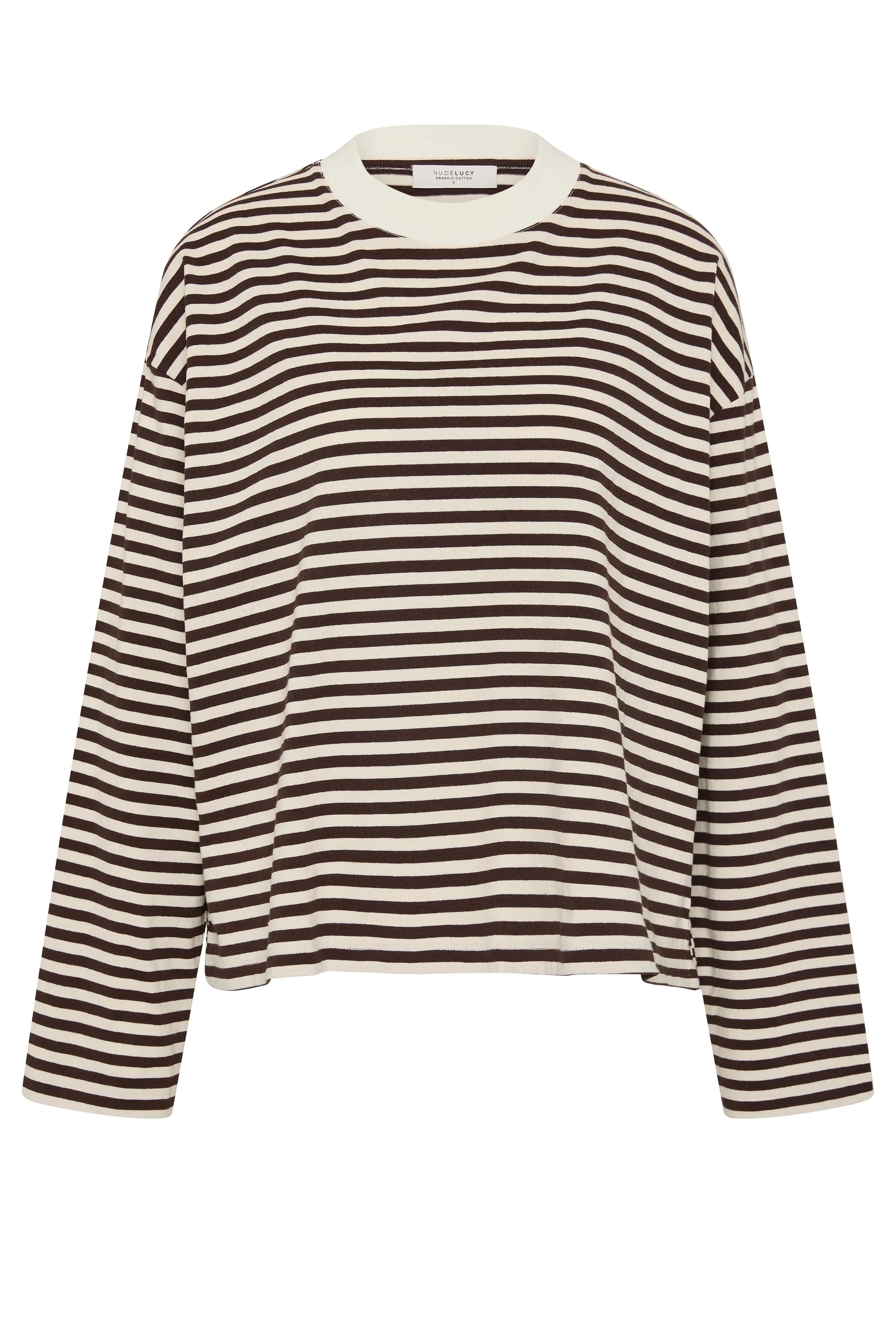 Brown and cream striped long sleeve crop top with crew neck, organic cotton