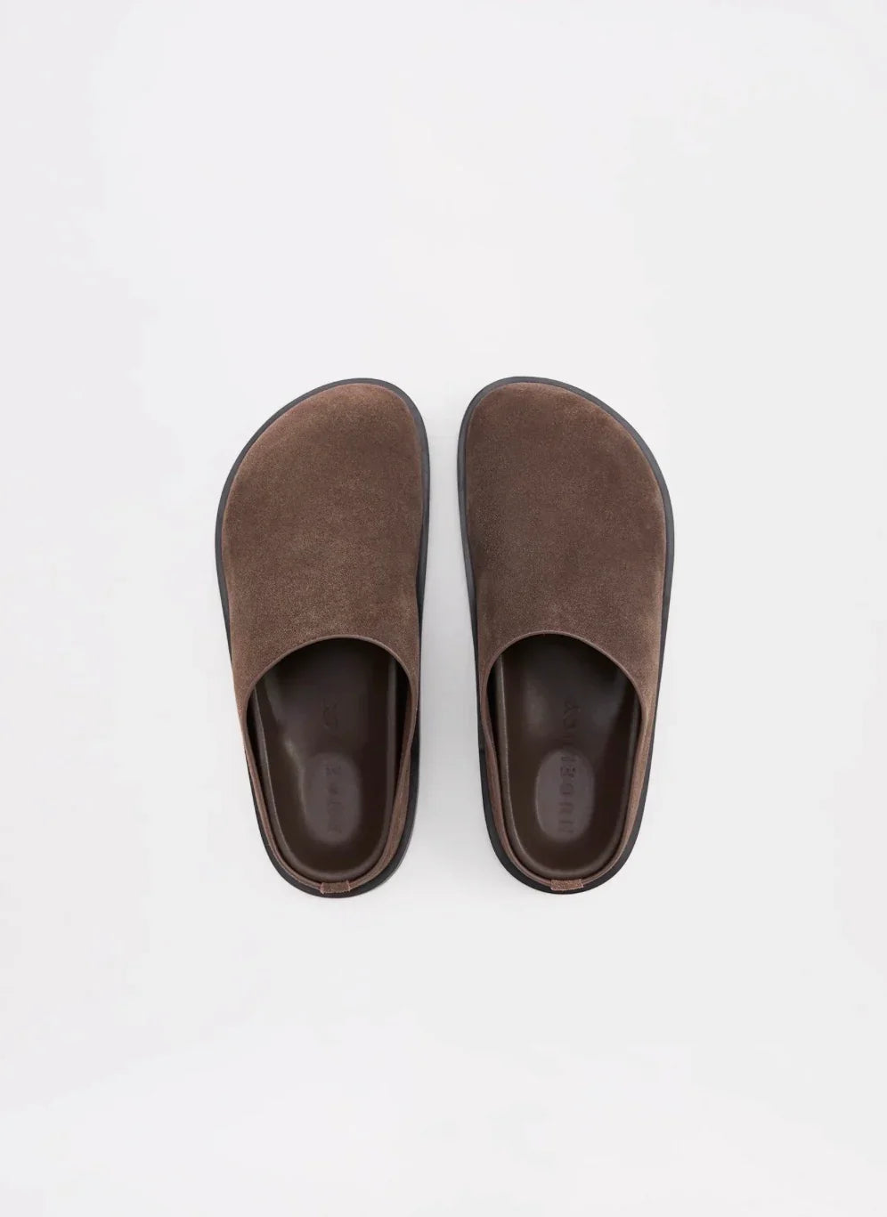 Brown suede slip-on mules with black soles, women's fashion footwear