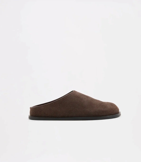 Brown suede slip-on mule shoe with black sole, women's fashion footwear