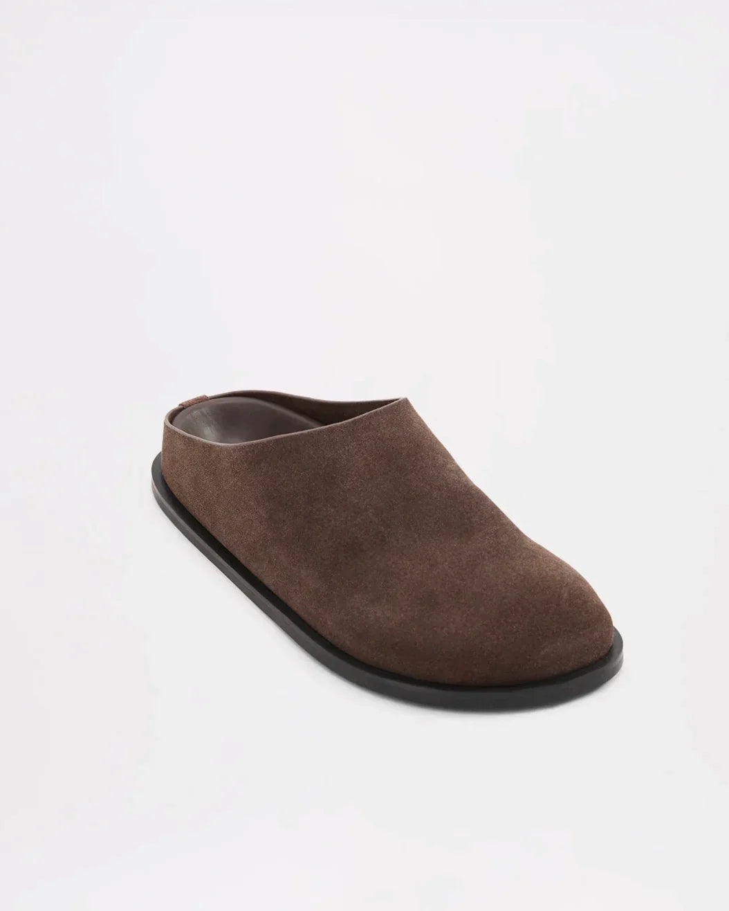 Brown suede slip-on mule shoe with black sole, women's fashion footwear