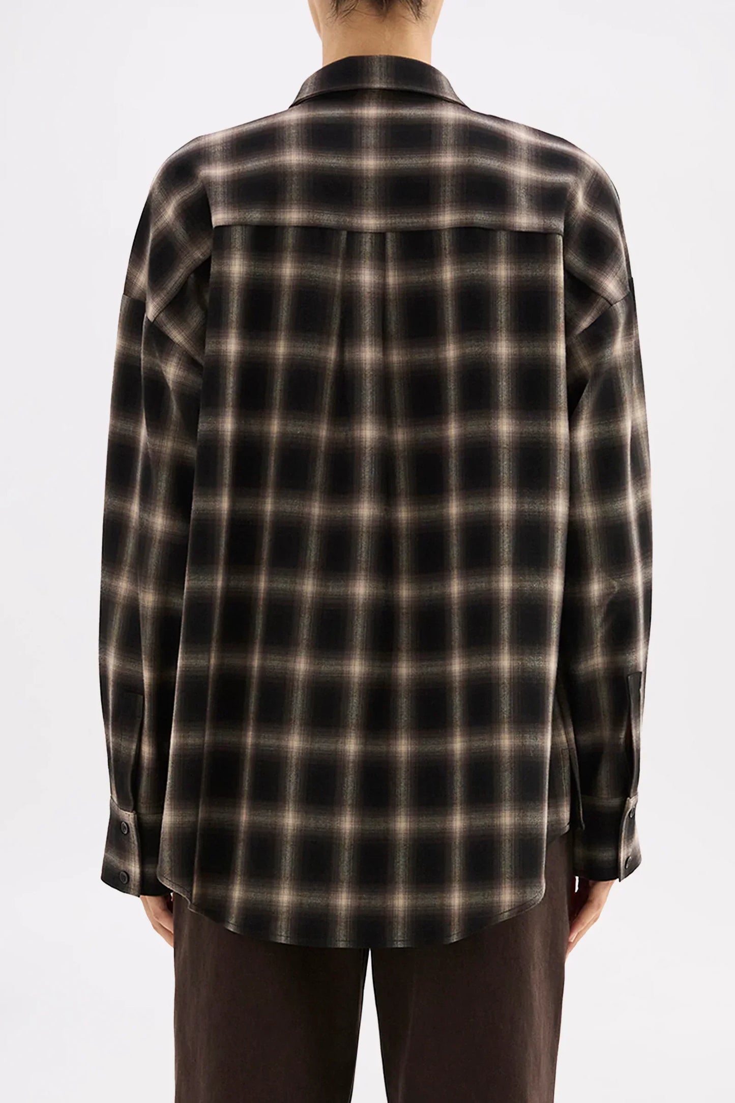 Nude Lucy Roe Shirt Black and beige plaid long sleeve shirt with relaxed fit, back view