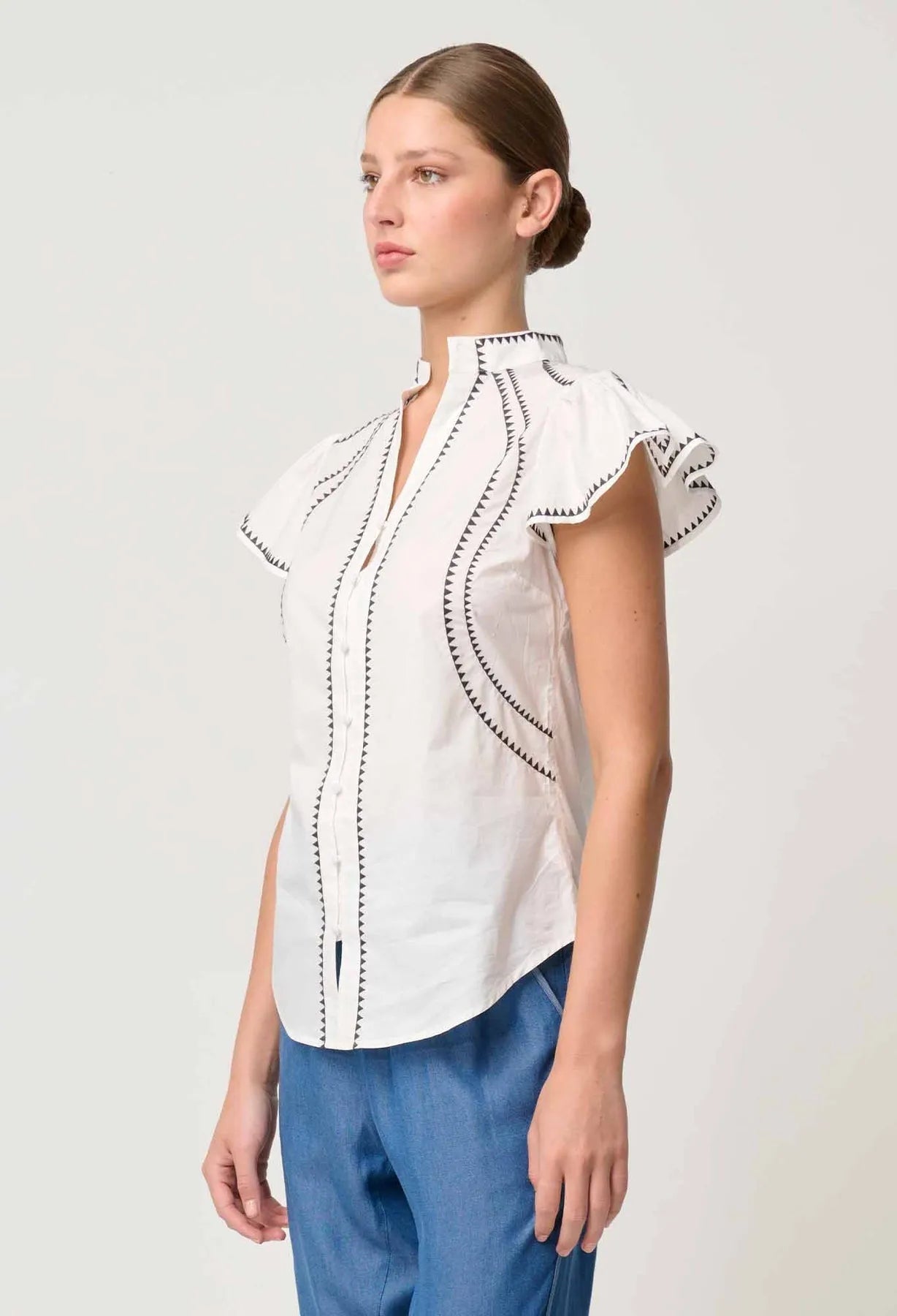 OnceWas Carlyle Embroidered Cotton Viole Top in Ivory - the tartan fox