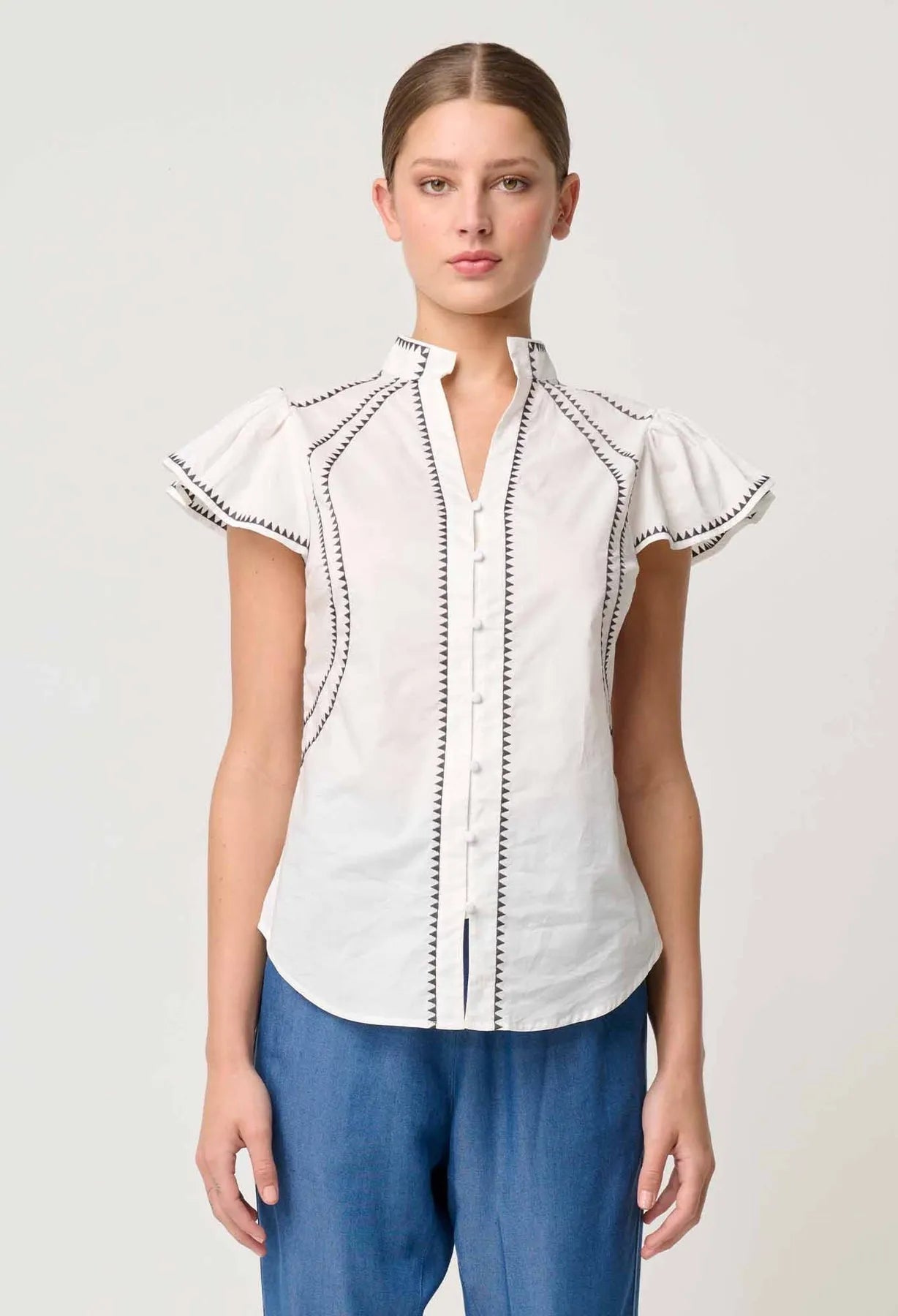 OnceWas Carlyle Embroidered Cotton Viole Top in Ivory - the tartan fox