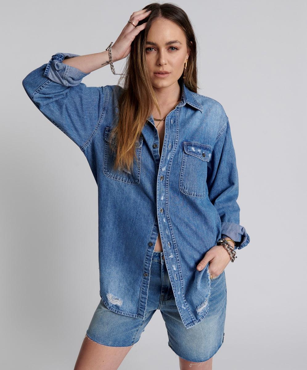 One Teaspoon Everyday Denim Shirt in Pacifica - the tartan fox