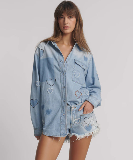 One Teaspoon Everyday Studded Denim Shirt in Blue Heart - the tartan fox