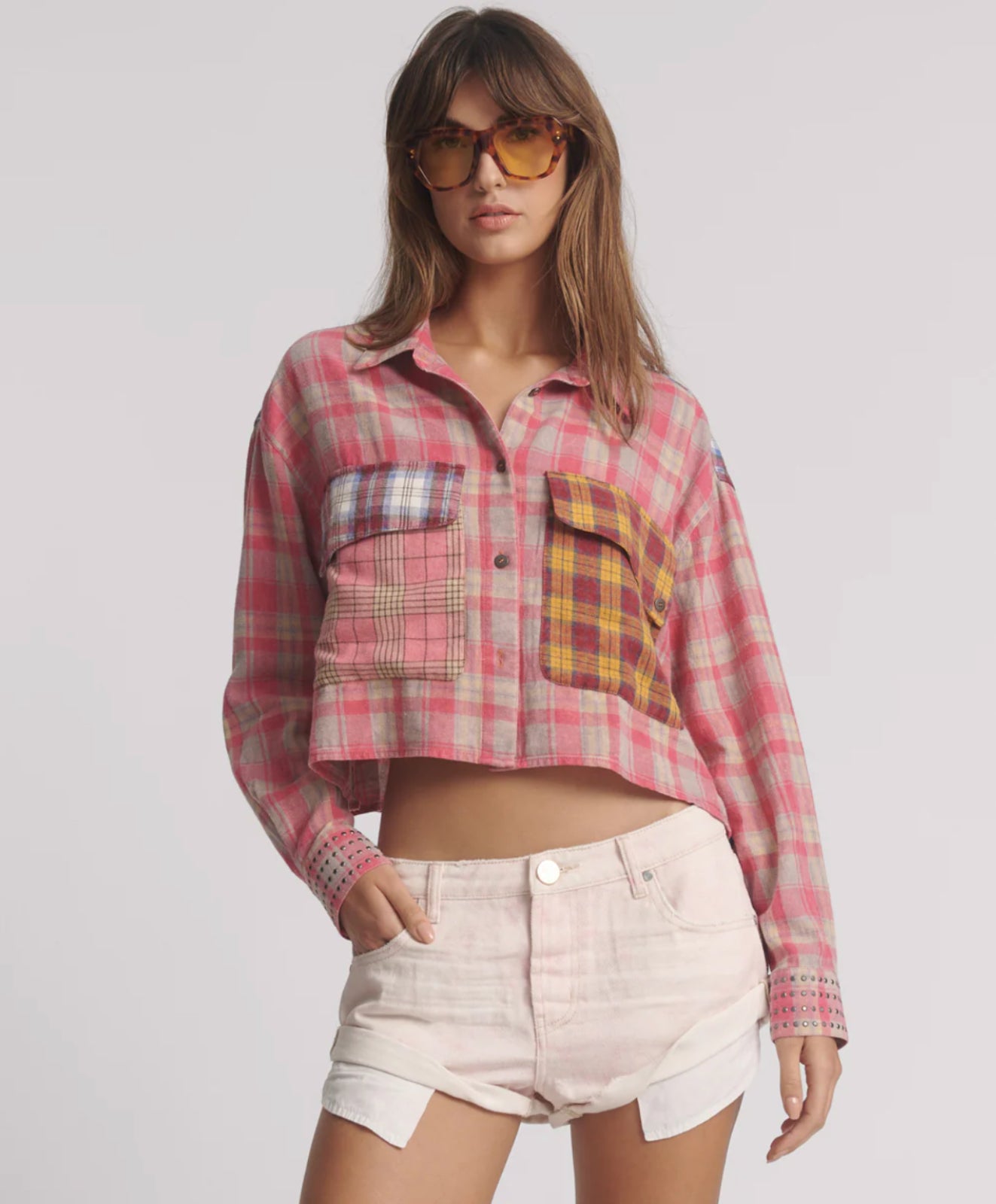 One Teaspoon Flannel Oversized Pocket Cropped Shirt in Pink - the tartan fox