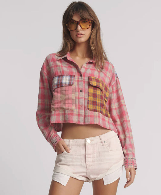 One Teaspoon Flannel Oversized Pocket Cropped Shirt in Pink - the tartan fox