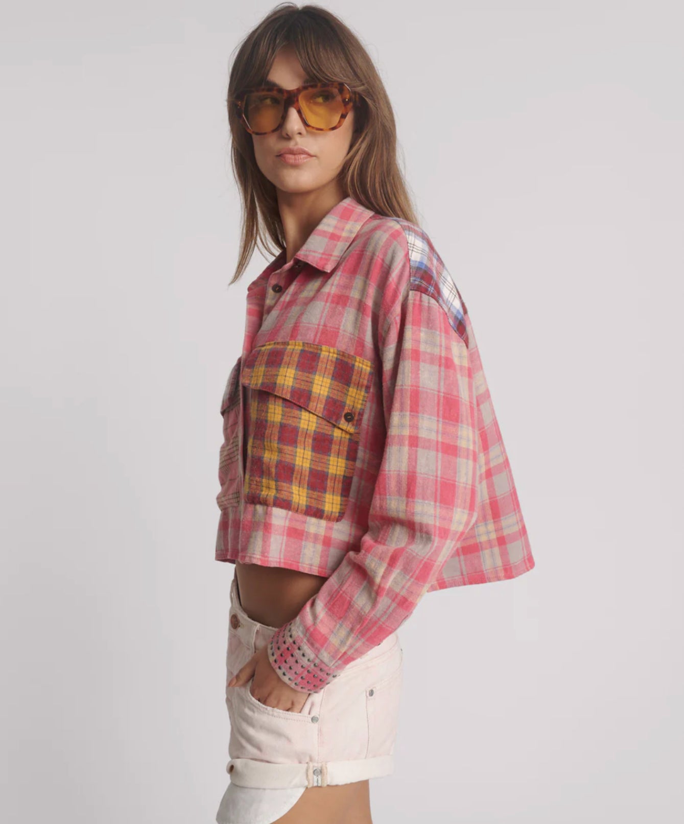 One Teaspoon Flannel Oversized Pocket Cropped Shirt in Pink - the tartan fox