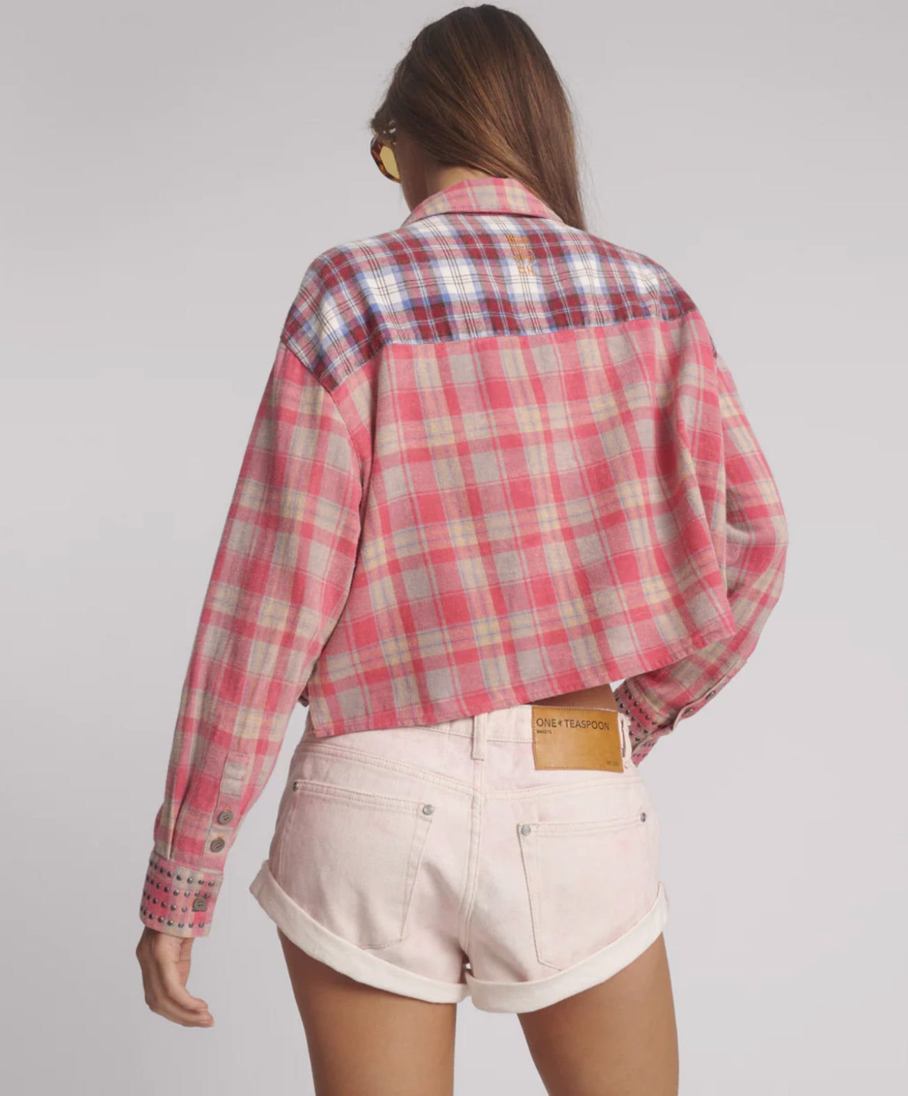 One Teaspoon Flannel Oversized Pocket Cropped Shirt in Pink - the tartan fox