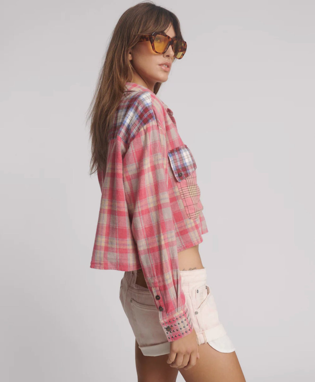 One Teaspoon Flannel Oversized Pocket Cropped Shirt in Pink - the tartan fox