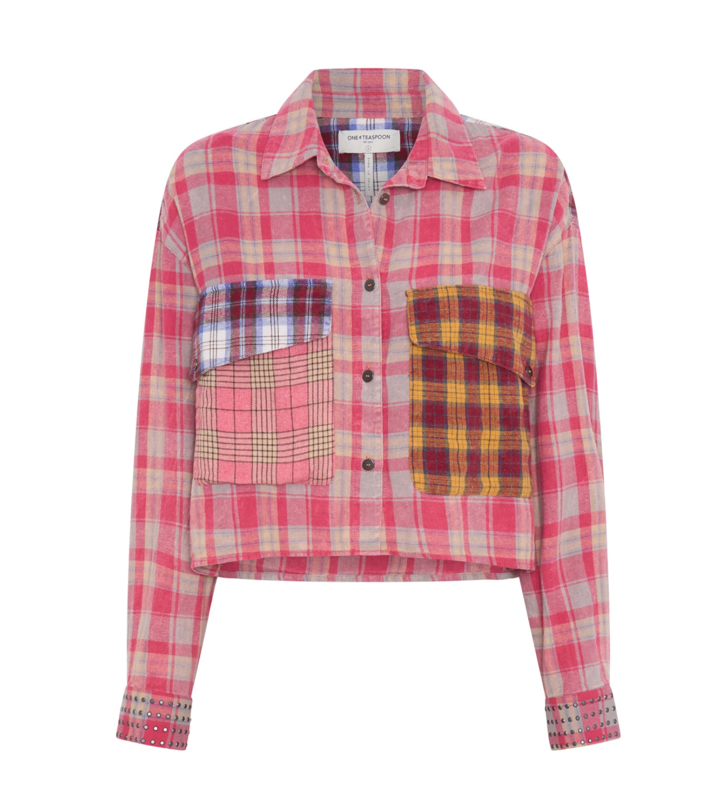 One Teaspoon Flannel Oversized Pocket Cropped Shirt in Pink - the tartan fox