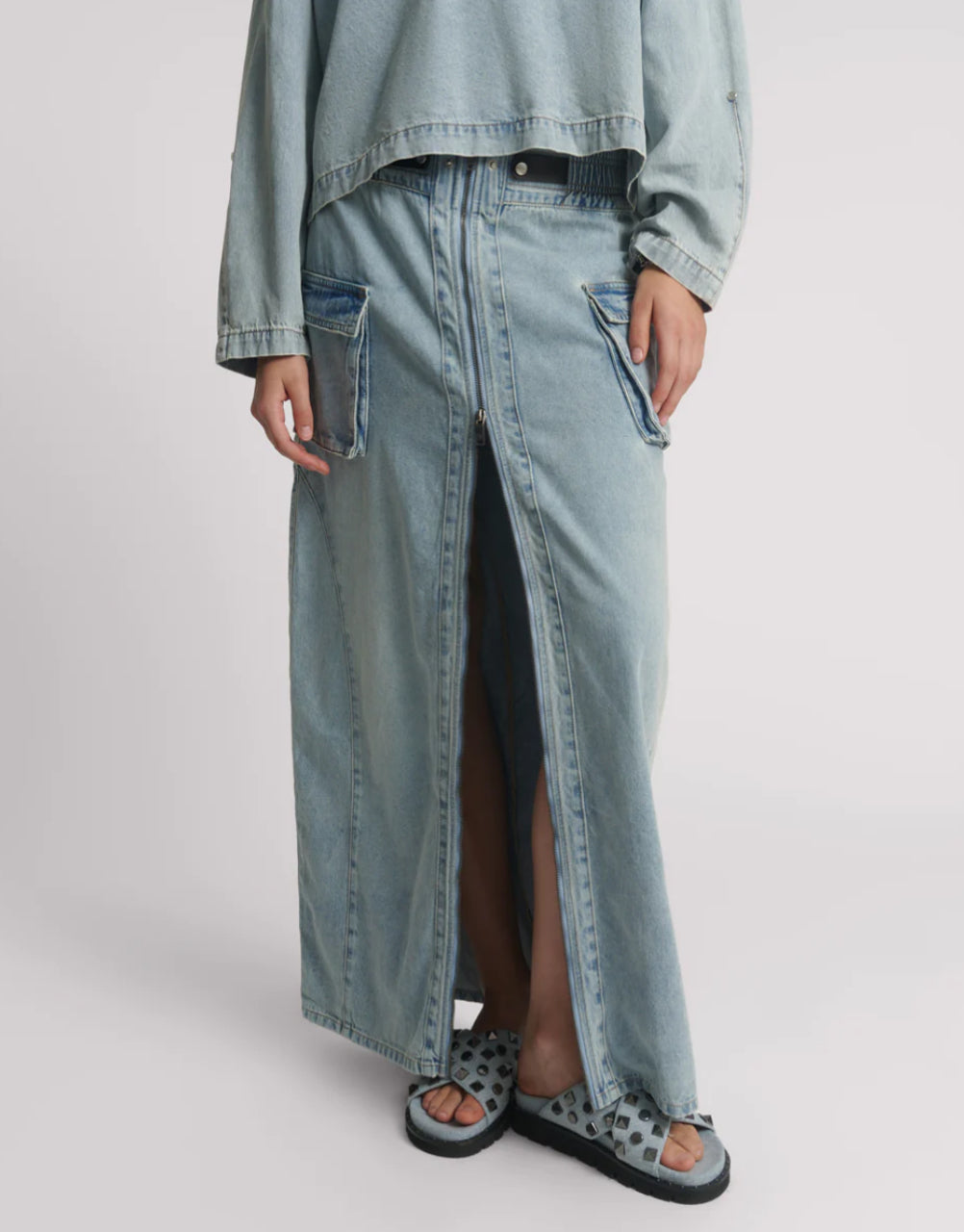 One Teaspoon Parachute Low Waist Split Front Maxi Denim Skirt in Soft Blue - the tartan fox