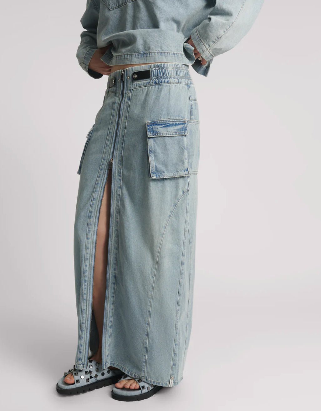 One Teaspoon Parachute Low Waist Split Front Maxi Denim Skirt in Soft Blue - the tartan fox