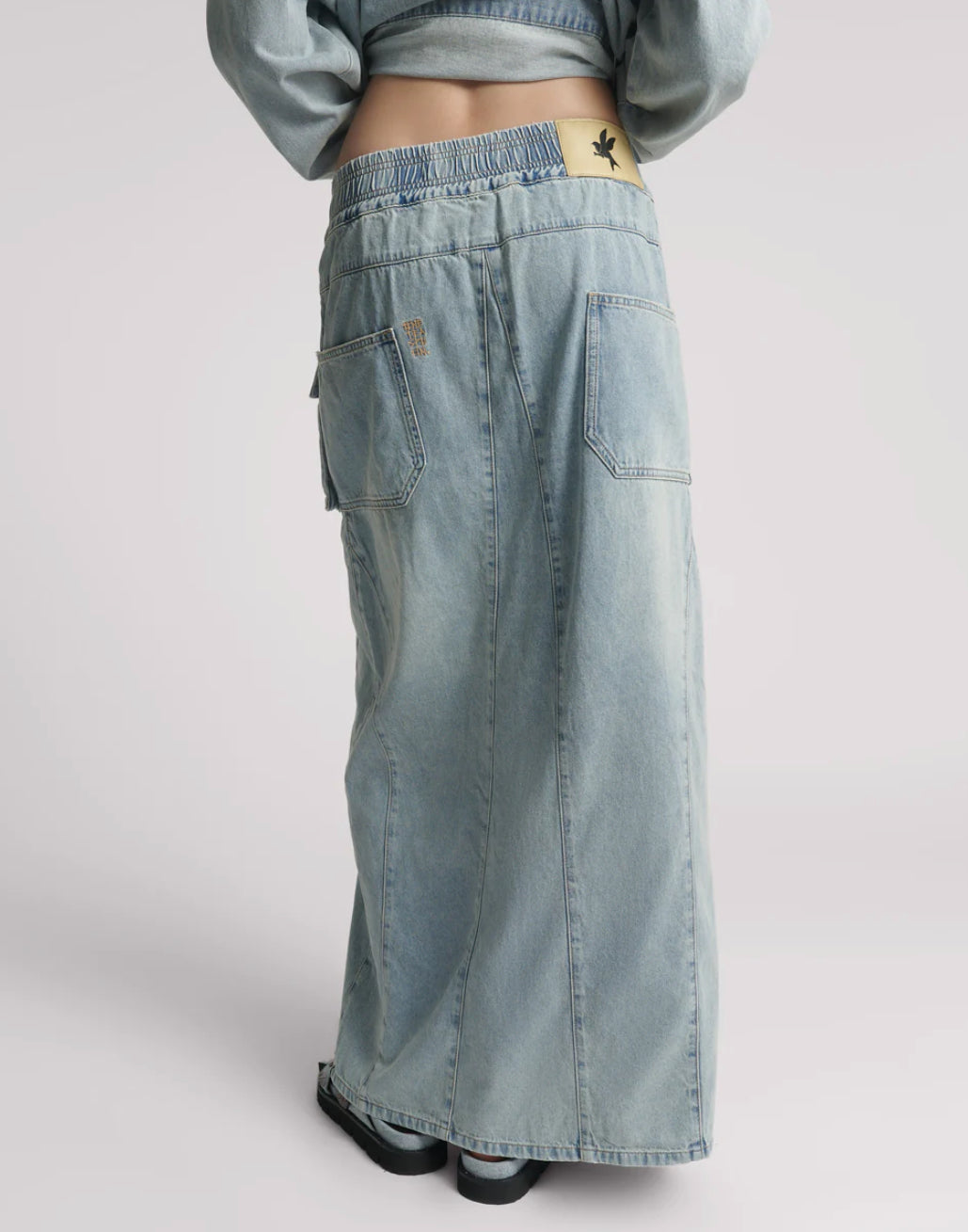 One Teaspoon Parachute Low Waist Split Front Maxi Denim Skirt in Soft Blue - the tartan fox