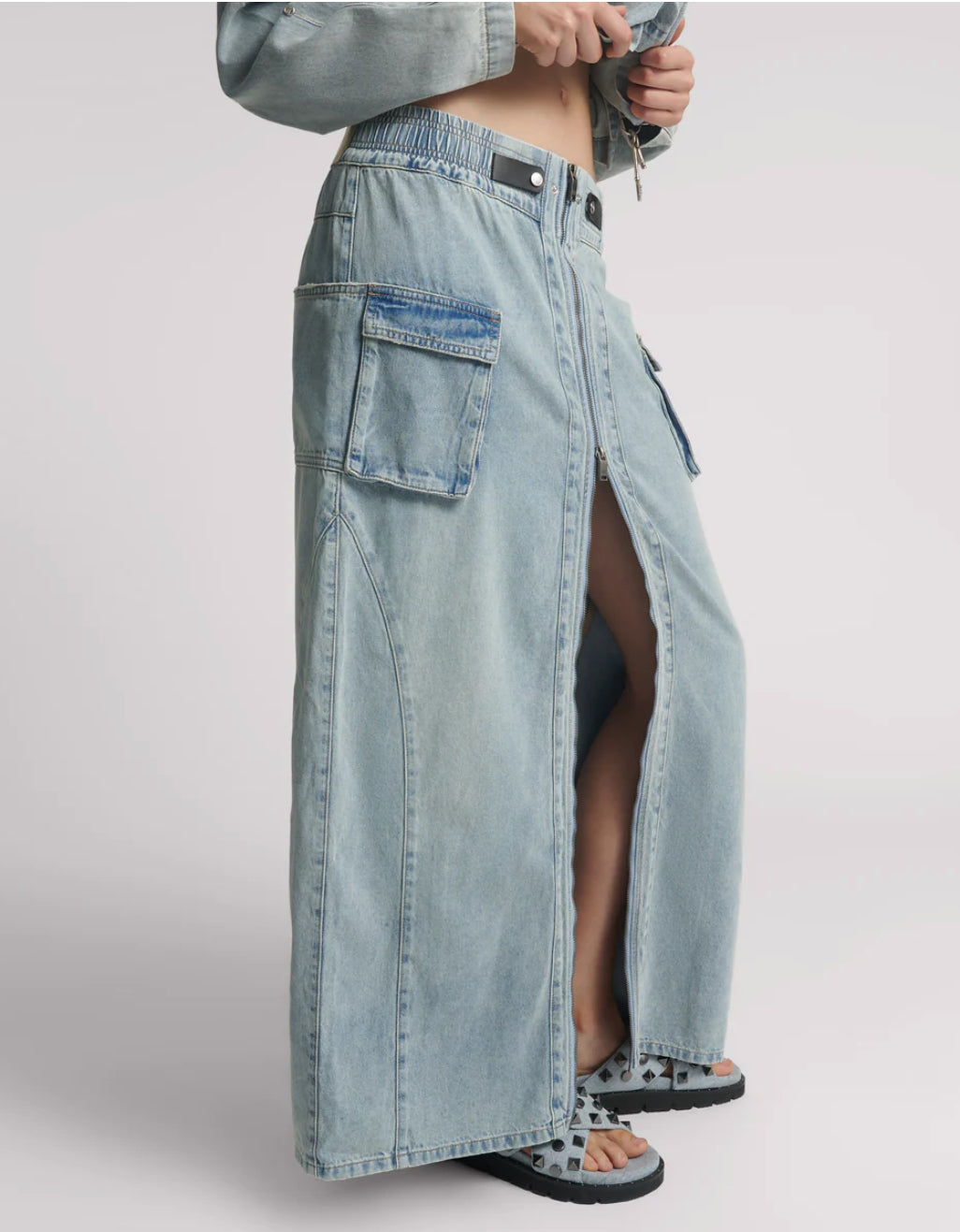 One Teaspoon Parachute Low Waist Split Front Maxi Denim Skirt in Soft Blue - the tartan fox