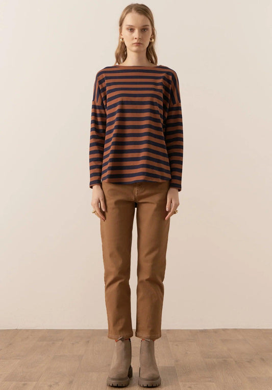 POL Clothing James Striped LS Tee in Toffee/Ink - the tartan fox