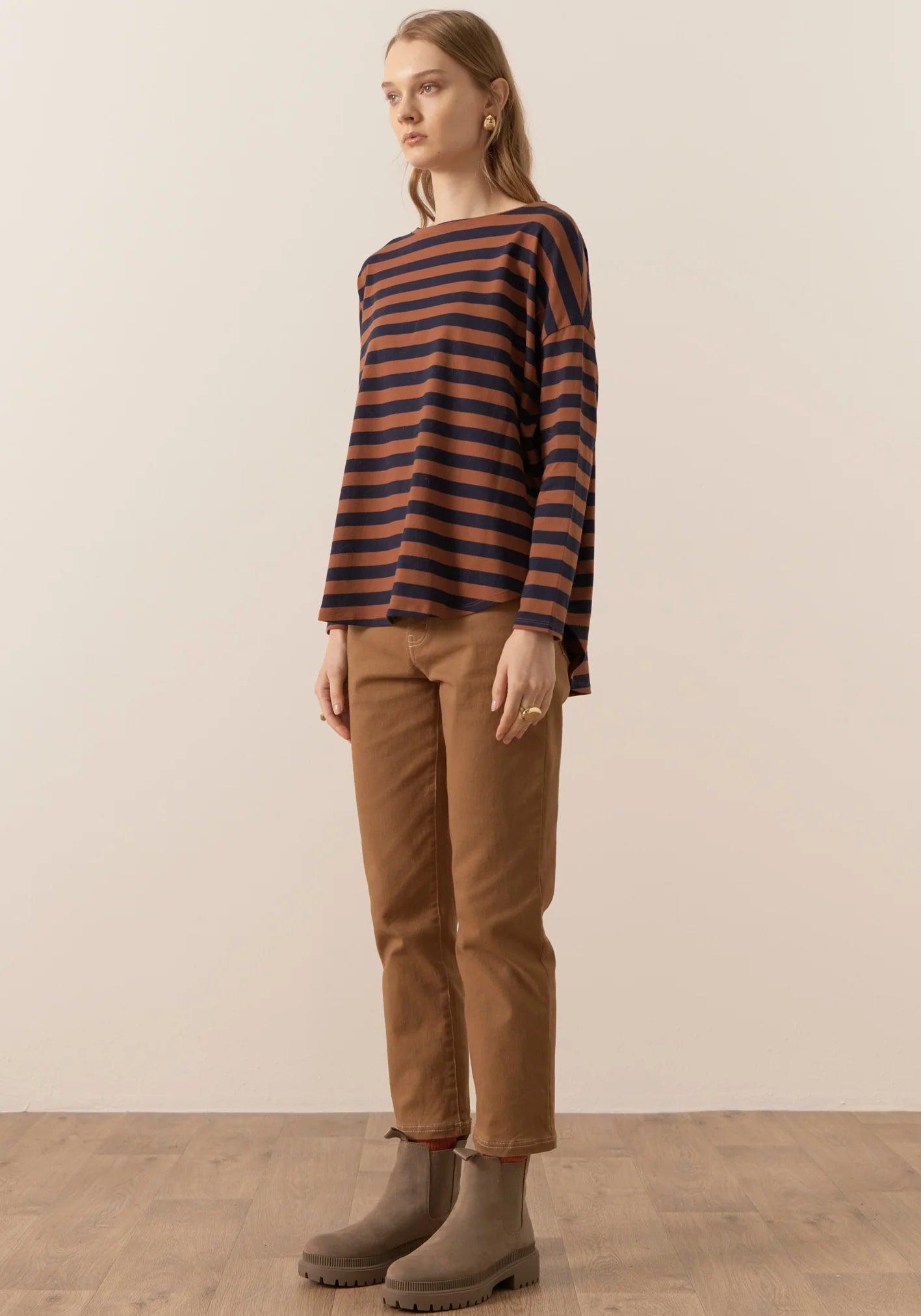 POL Clothing James Striped LS Tee in Toffee/Ink - the tartan fox