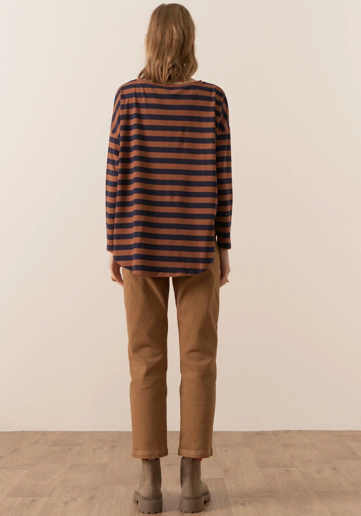 POL Clothing James Striped LS Tee in Toffee/Ink - the tartan fox