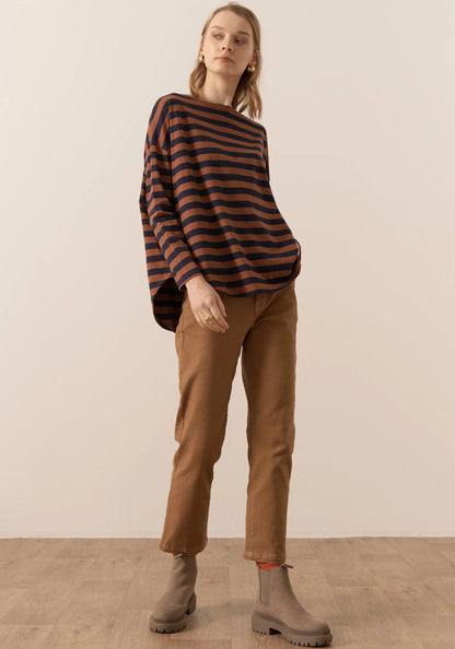 POL Clothing James Striped LS Tee in Toffee/Ink - the tartan fox