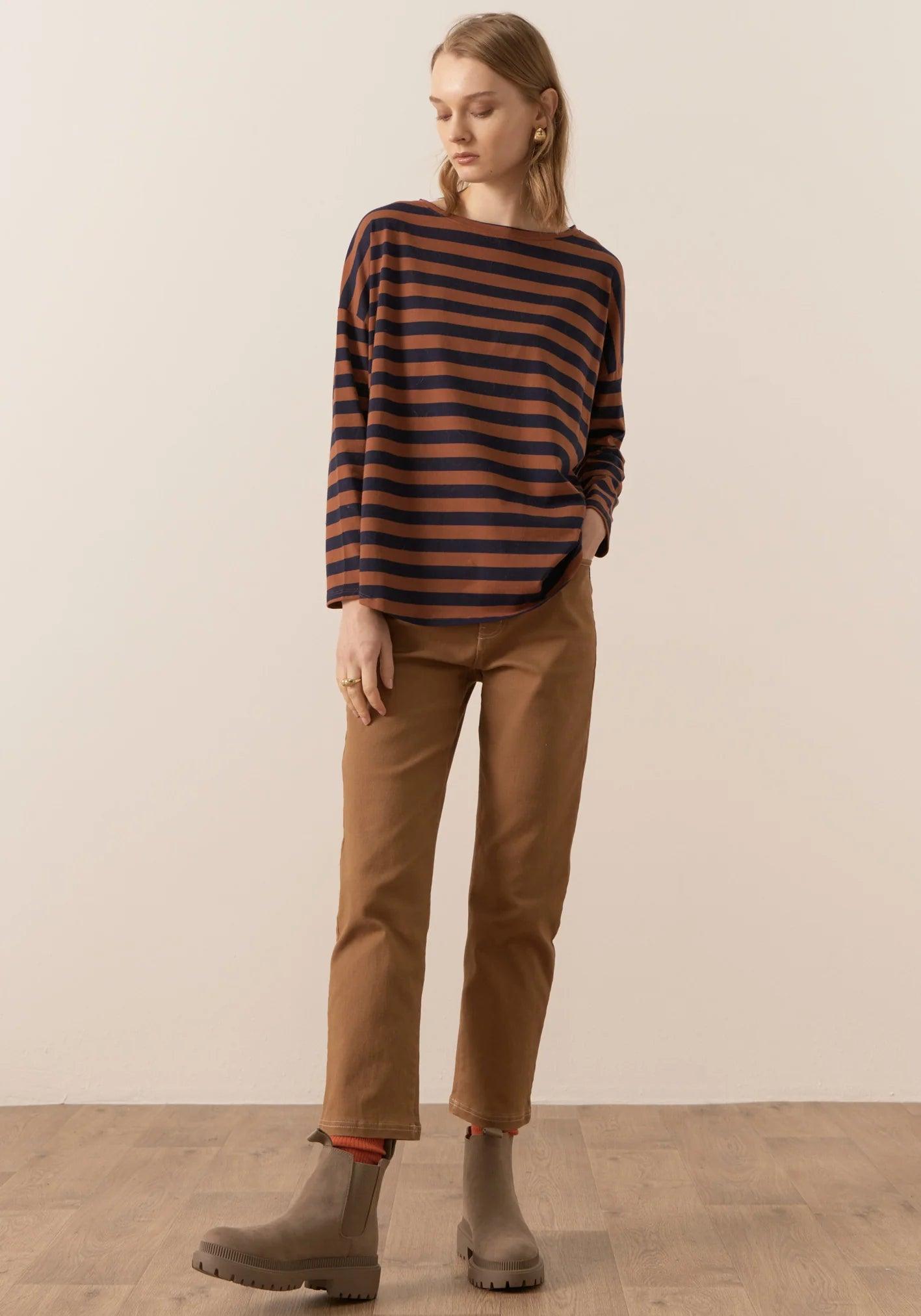 POL Clothing James Striped LS Tee in Toffee/Ink - the tartan fox