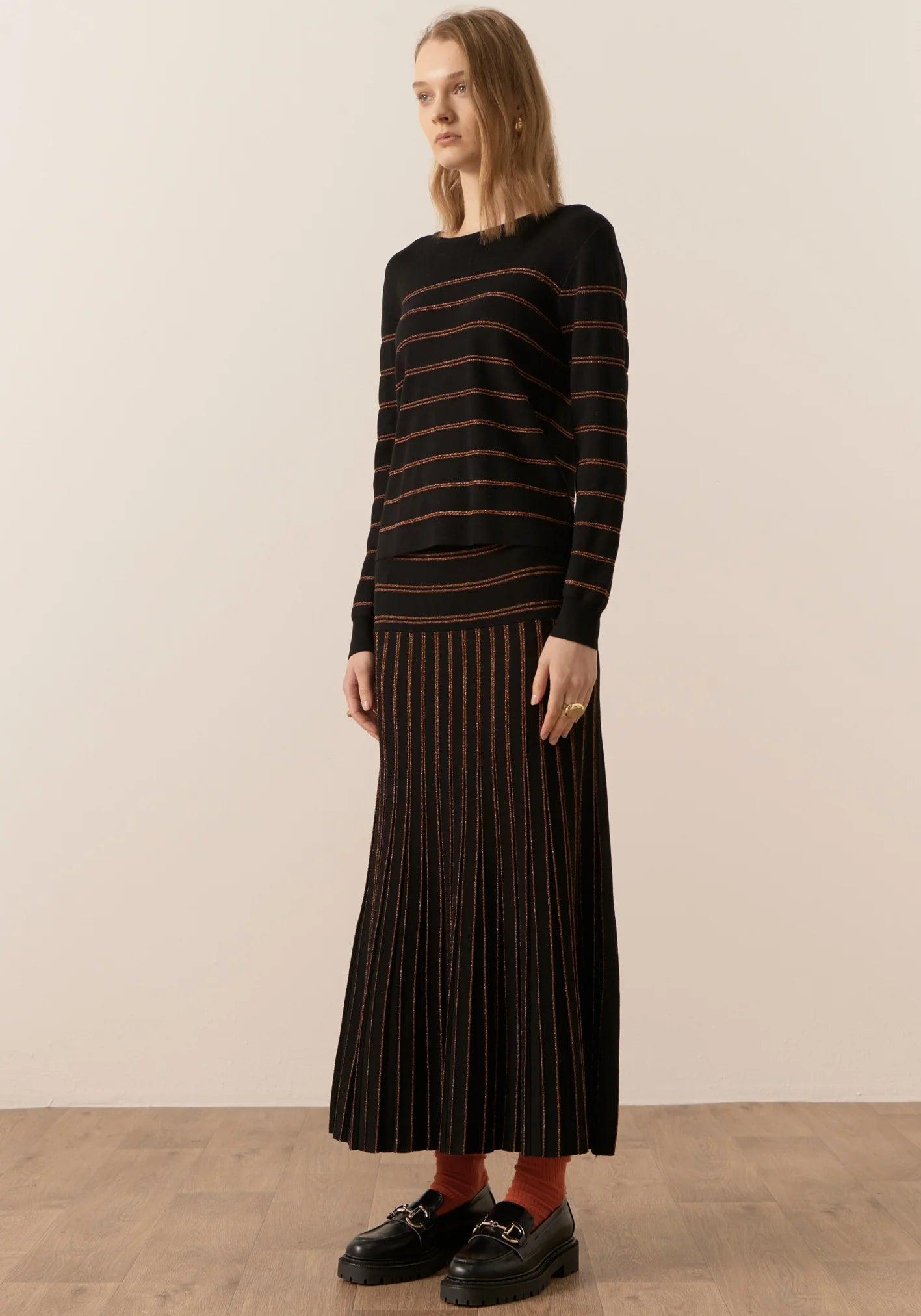 POL Gizelle Lurex Striped Knit in Black and Copper - the tartan fox