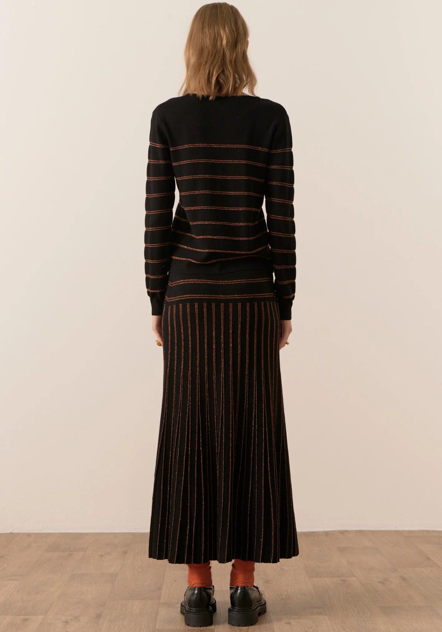 POL Gizelle Lurex Striped Knit in Black and Copper - the tartan fox