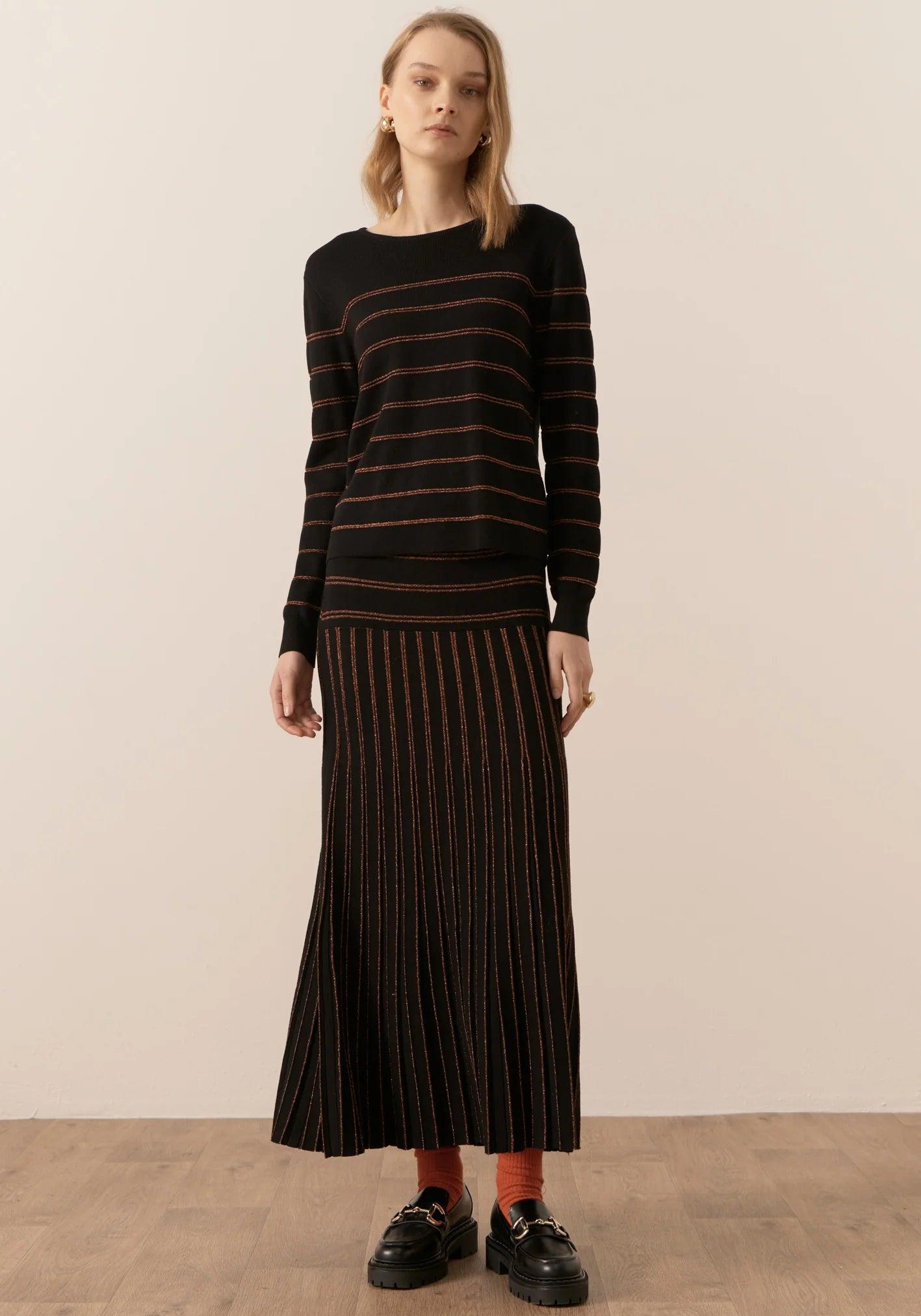 POL Gizelle Lurex Striped Knit in Black and Copper - the tartan fox