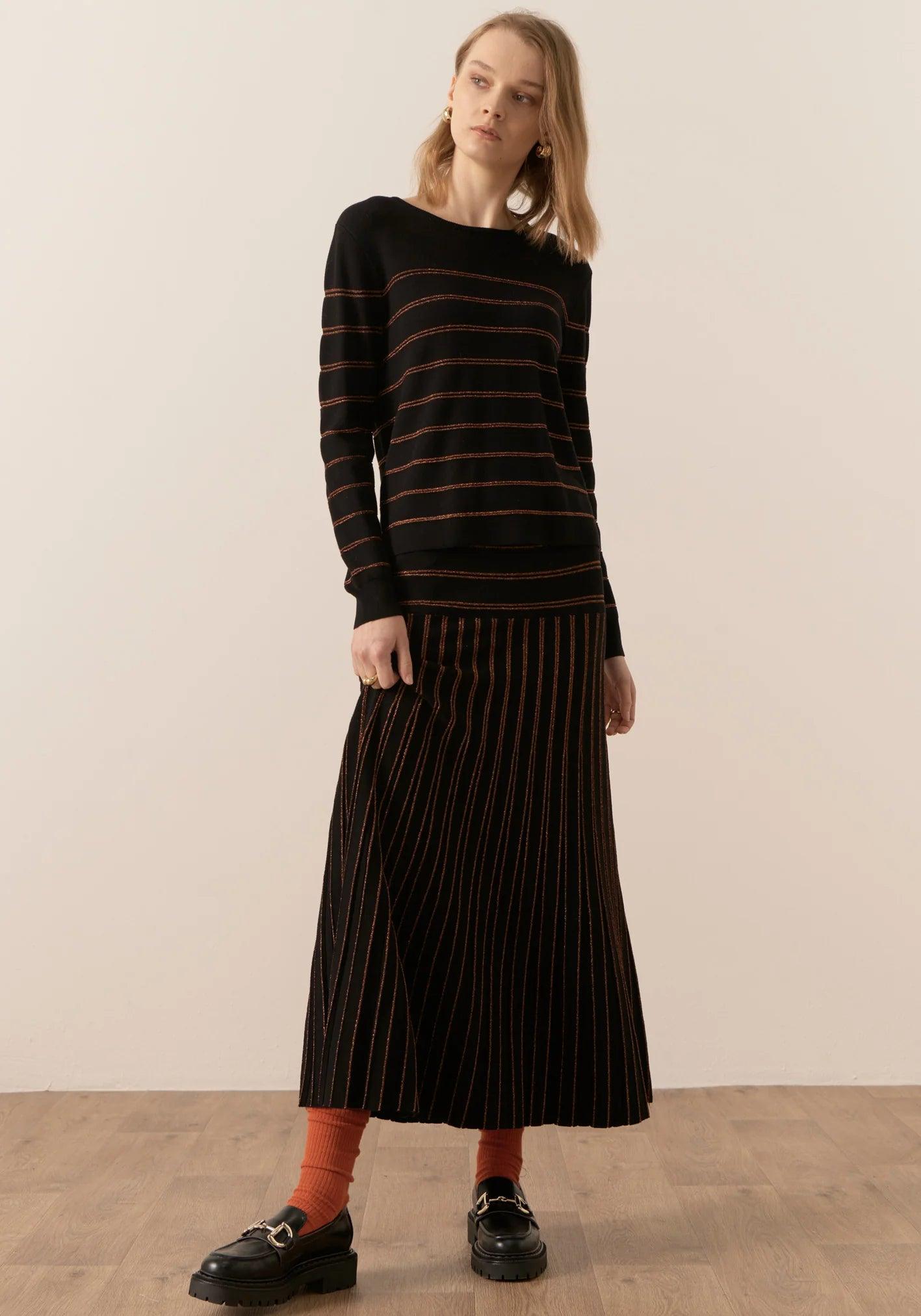 POL Gizelle Lurex Striped Knit in Black and Copper - the tartan fox