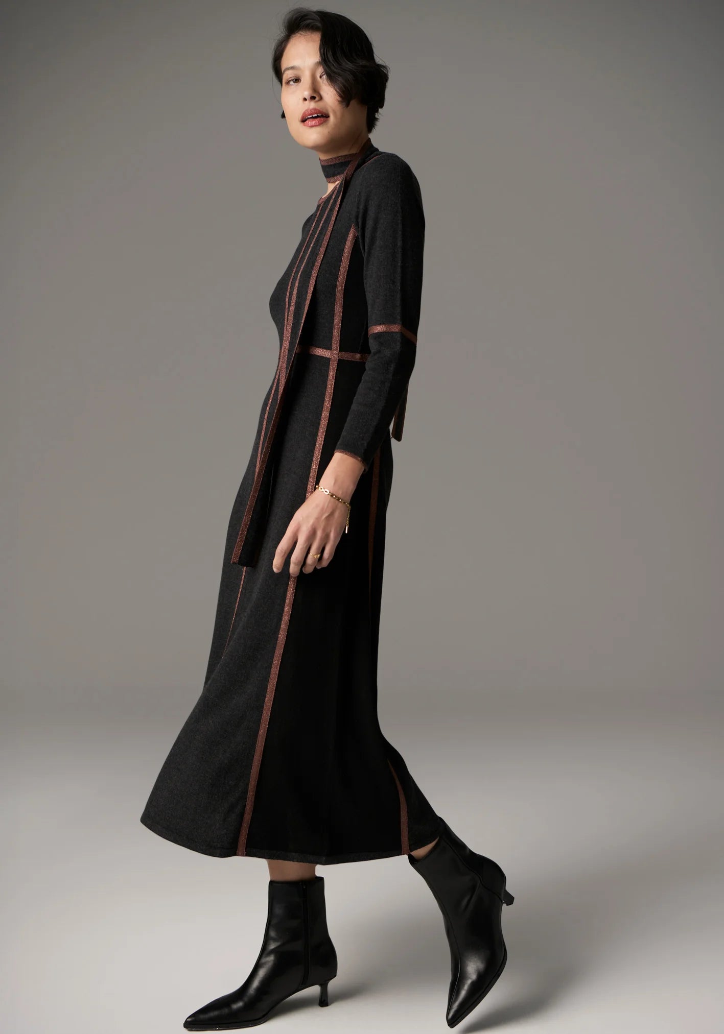 POL Lara Lurex Dress in Charcoal/Toffee - the tartan fox