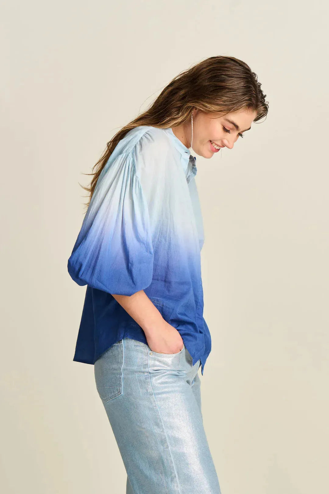 POM Amsterdam Blouse in Faded Ink Blue - the tartan fox