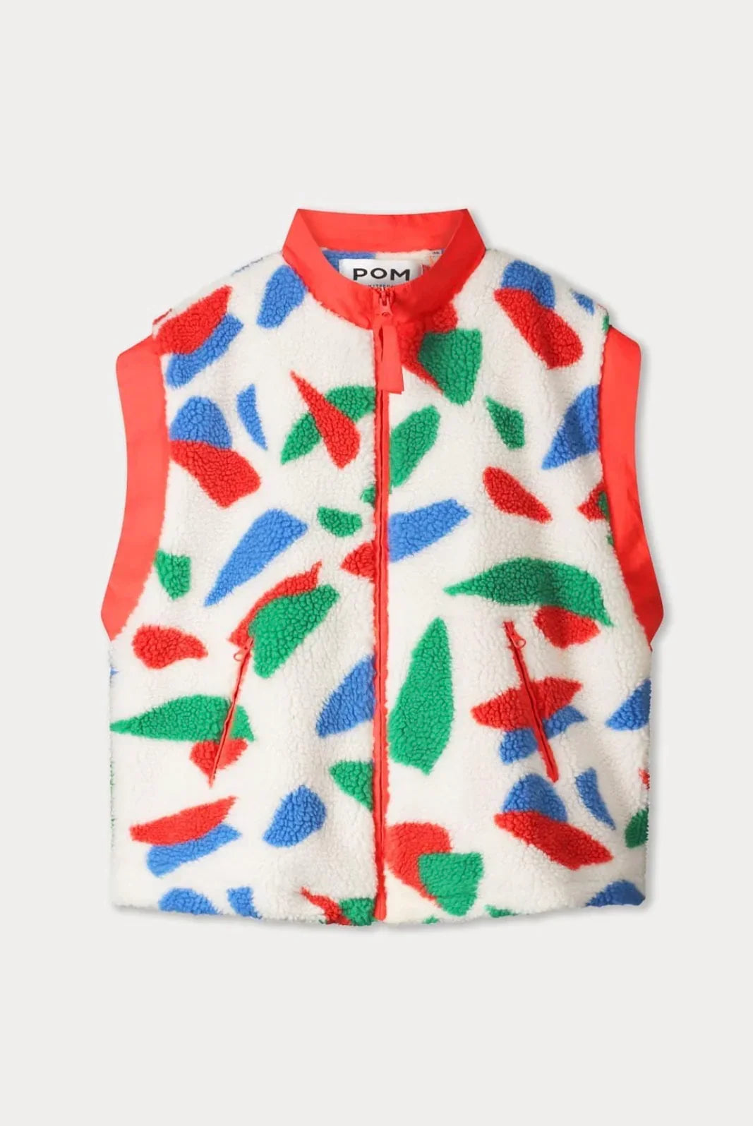Colourful abstract patterned fleece vest with red zipper and trim