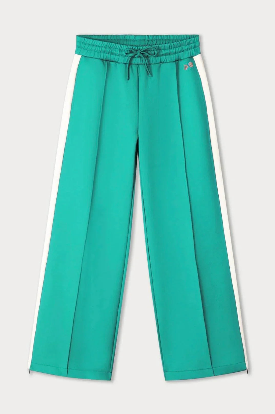 Green wide-leg joggers with white side stripes and drawstring waist, stylish comfort wear